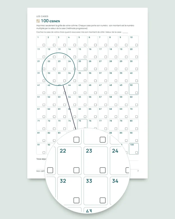 Défi d'épargne — carnet PDF à cocher et classeur calculé, dans votre devise (compatible Excel, Google Sheets et LibreOffice)