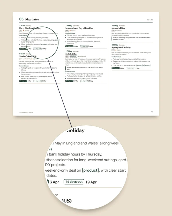 2027 Marketing Calendar — dates by market and post ideas, PDF + spreadsheet + calendar file