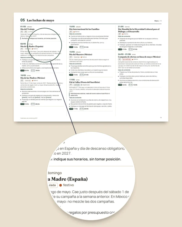 Calendario de marketing 2027 — fechas por país e ideas de publicación, PDF + hoja de cálculo + agenda