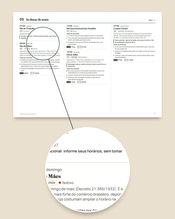Calendário de marketing 2027 — datas comemorativas do Brasil e ideias de posts, PDF + planilha + agenda