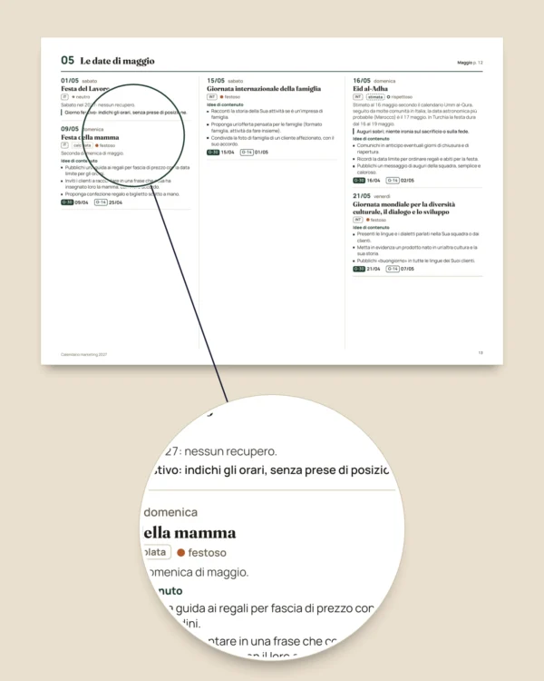 Calendario marketing 2027 — ricorrenze in Italia e idee per i post, PDF + foglio di calcolo + agenda