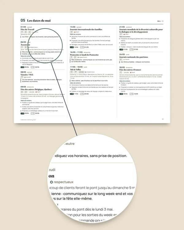 Calendrier marketing 2027 — dates par pays et idées de publication, PDF + tableur + agenda