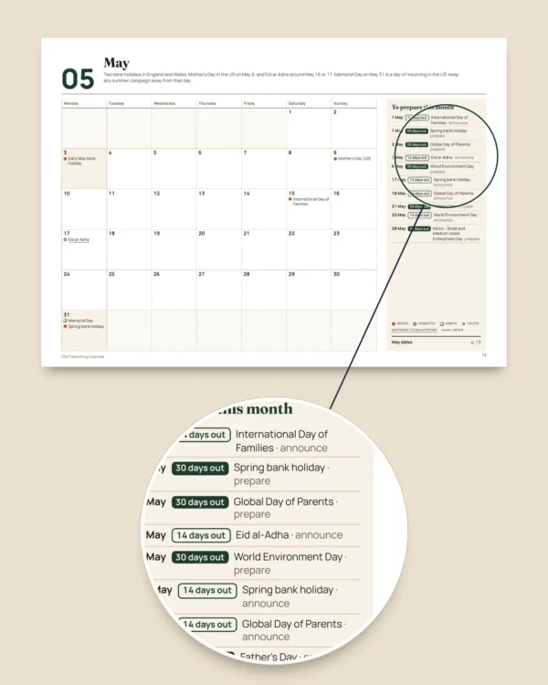 2027 Marketing Calendar — dates by market and post ideas, PDF + spreadsheet + calendar file