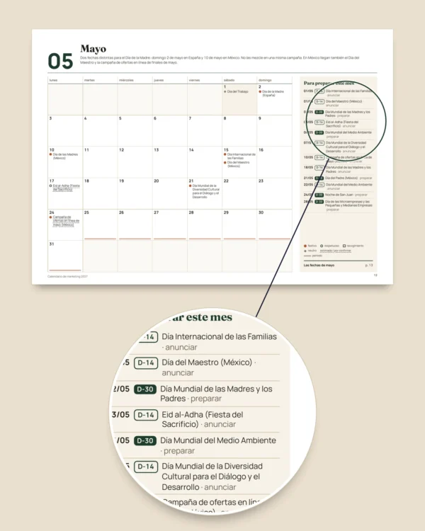 Calendario de marketing 2027 — fechas por país e ideas de publicación, PDF + hoja de cálculo + agenda