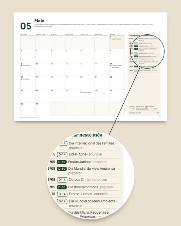 Calendário de marketing 2027 — datas comemorativas do Brasil e ideias de posts, PDF + planilha + agenda