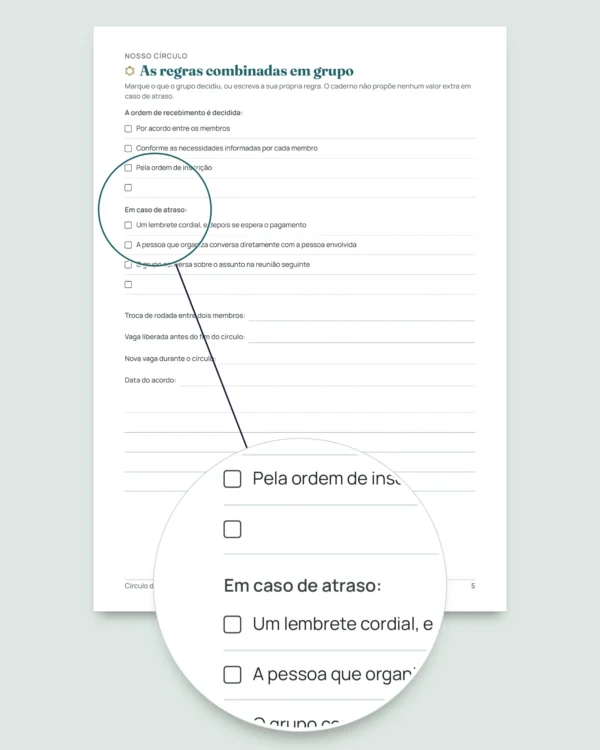 Círculo de poupança — o registro da sua caixinha entre pessoas de confiança: planilha e caderno PDF (compatível com Excel, Google Sheets e LibreOffice)