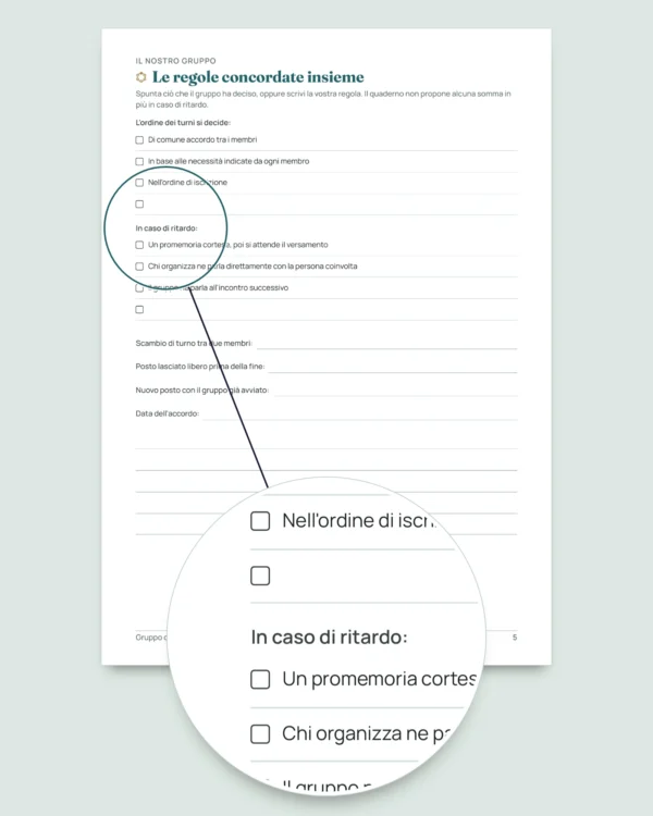 Gruppo di risparmio a turno — il registro del tuo gruppo tra persone di fiducia: foglio di calcolo e quaderno PDF (compatibile con Excel, Google Sheets e LibreOffice)