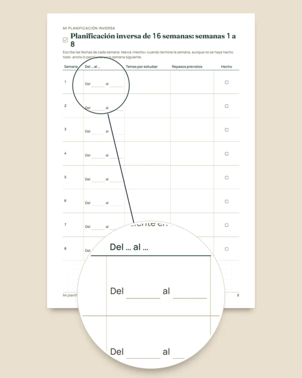 Planificador de repaso para exámenes — planificación inversa, repetición espaciada y fichas para rellenar (PDF sin fechas)