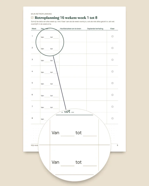 Examenplanning — retroplanning, gespreide herhaling en samenvattingsbladen om in te vullen (pdf zonder datums)
