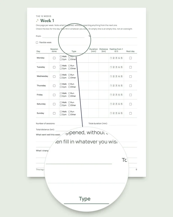 My Session Log — 12-week journal for walking, running and gym sessions, printable PDF