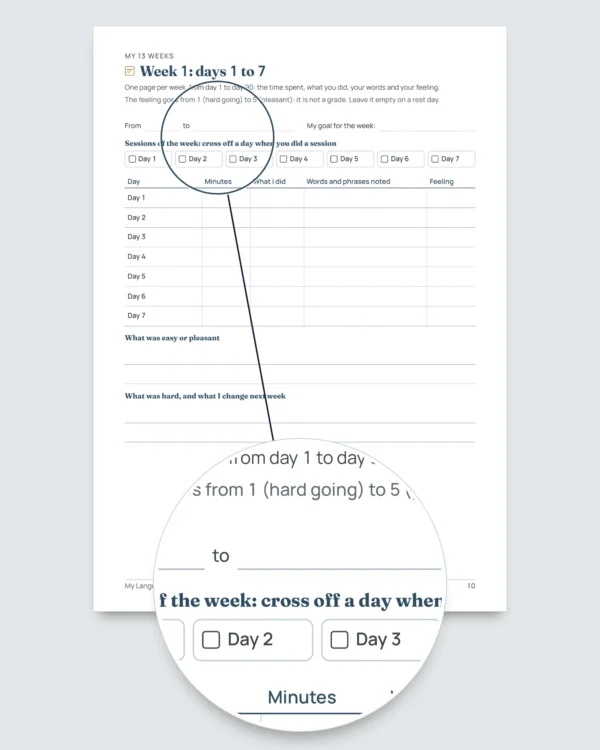 My Language Journal — 90 days of learning and vocabulary, for any language (printable PDF)