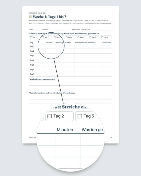 Mein Sprachjournal — 90 Tage Lernen und Vokabeln, für jede Sprache (PDF zum Ausdrucken)