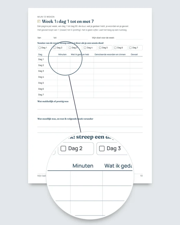 Mijn taaldagboek — 90 dagen leren en woordenschat, voor elke taal (pdf om te printen)