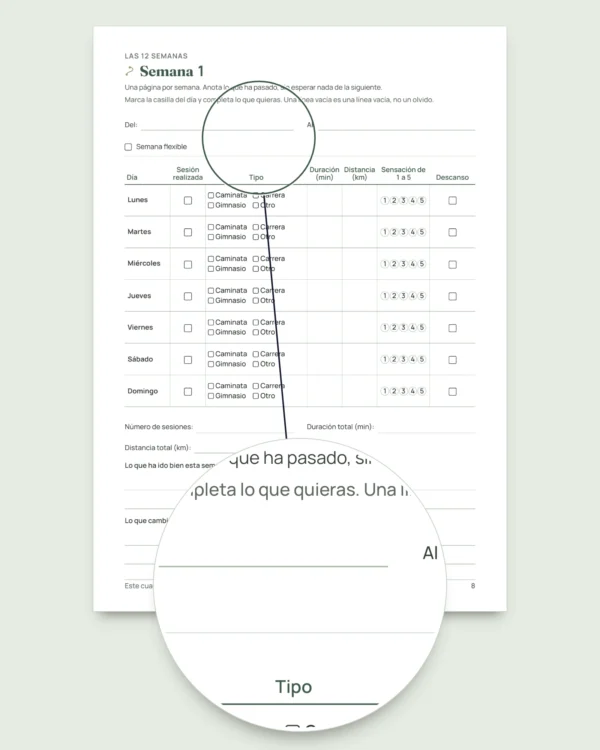 Mi cuaderno de sesiones — diario de entrenamiento de 12 semanas (caminata, carrera, gimnasio), PDF para imprimir