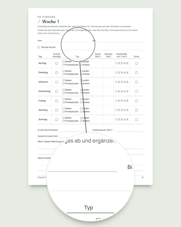 Mein Einheiten-Tagebuch — Trainingstagebuch für 12 Wochen (Gehen, Laufen, Fitnessstudio), PDF zum Ausdrucken