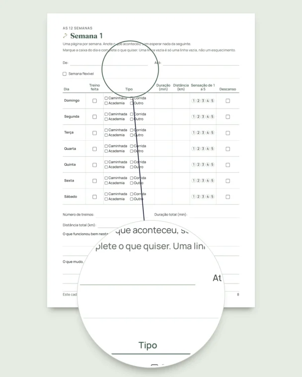 Meu diário de treinos — caderno de 12 semanas (caminhada, corrida, academia), PDF para imprimir