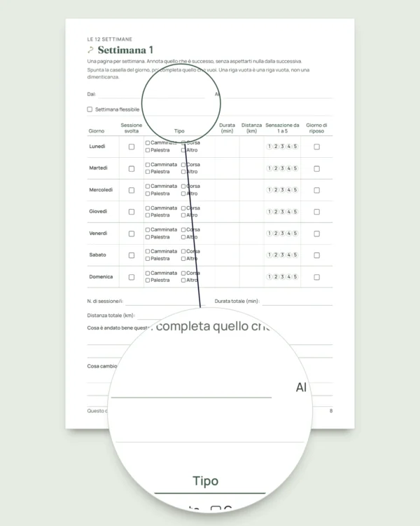 Il mio diario, sessione per sessione — diario di allenamento di 12 settimane (camminata, corsa, palestra), PDF da stampare