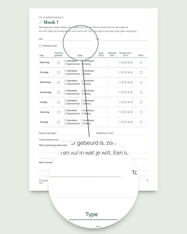 Mijn trainingslogboek — trainingsdagboek voor 12 weken (wandelen, hardlopen, sportschool), pdf om uit te printen