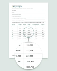 Savings Challenge — printable PDF notebook and spreadsheet that does the math, in your own currency (works with Excel, Google Sheets and LibreOffice)