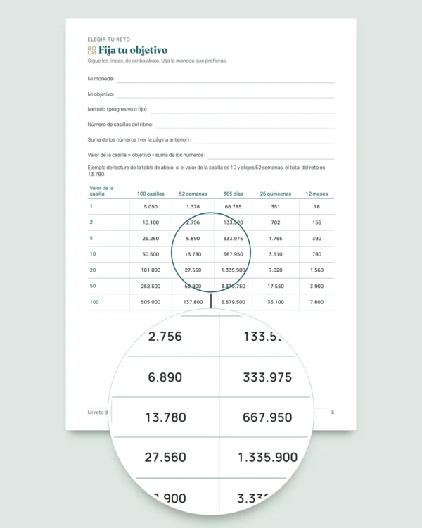 Reto de ahorro — cuaderno PDF para marcar y hoja de cálculo que hace las cuentas, en tu moneda (compatible con Excel, Google Sheets y LibreOffice)