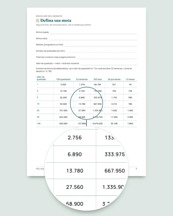 Desafio de poupar — caderno em PDF para marcar e planilha que faz as contas, na sua moeda (compatível com Excel, Google Sheets e LibreOffice)