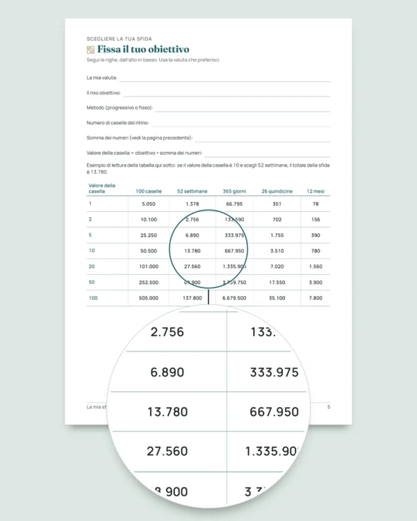 Sfida di risparmio — quaderno PDF da spuntare e foglio di calcolo che fa i conti, nella tua valuta (compatibile con Excel, Google Sheets e LibreOffice)