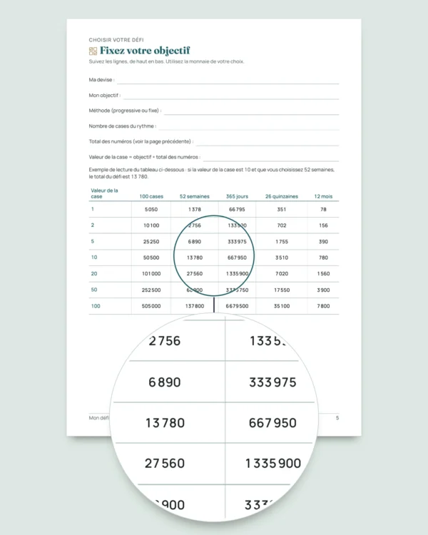 Défi d'épargne — carnet PDF à cocher et classeur calculé, dans votre devise (compatible Excel, Google Sheets et LibreOffice)
