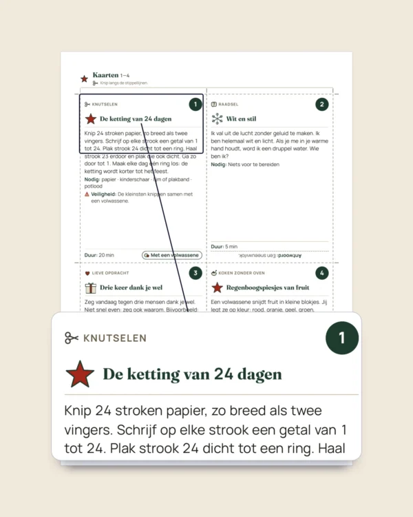 Aftellen naar de feestdagen — adventskalender met 24 activiteitenkaarten voor het gezin om te printen
