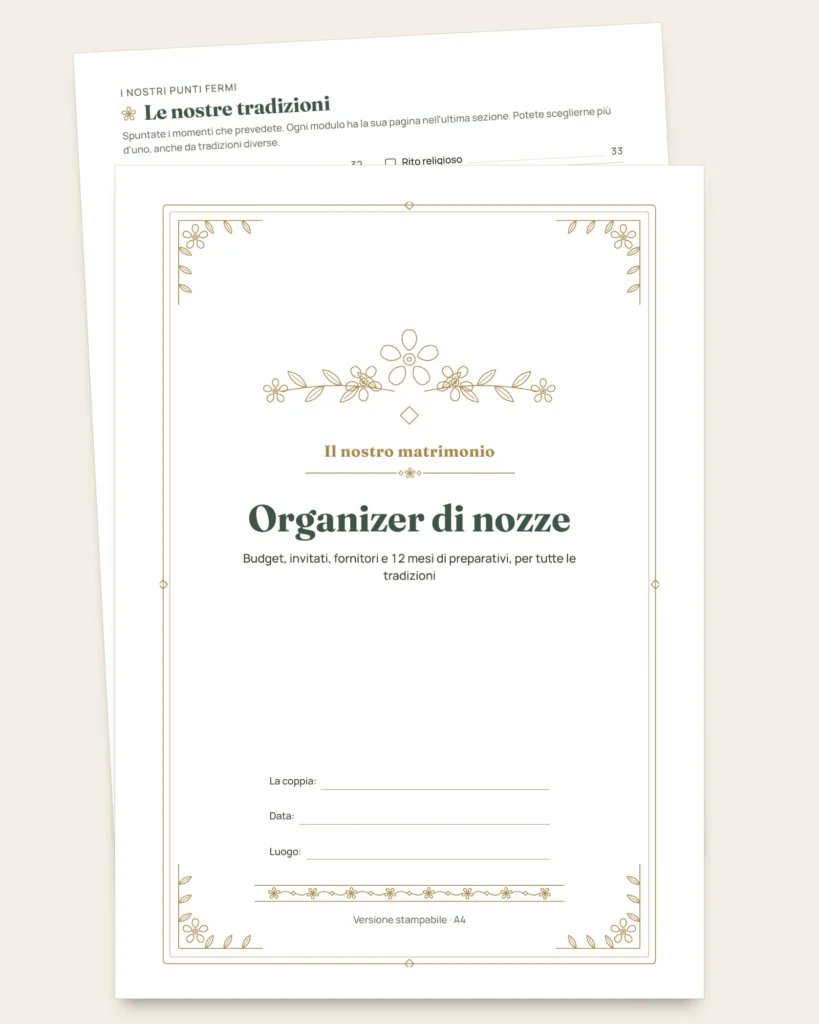 Organizer di nozze — planner PDF e foglio di calcolo per il budget, qualunque sia la vostra tradizione
