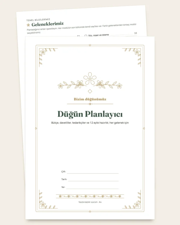 Düğün Planlayıcı — yazdırılabilir PDF defter ve hesap tablosu (Excel, Google Sheets ve LibreOffice ile uyumlu), geleneğiniz ne olursa olsun