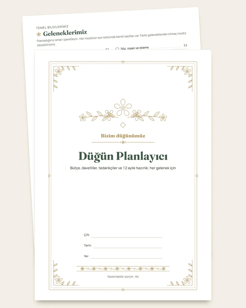 Düğün Planlayıcı — yazdırılabilir PDF defter ve hesap tablosu (Excel, Google Sheets ve LibreOffice ile uyumlu), geleneğiniz ne olursa olsun