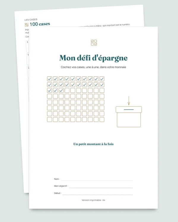 Défi d'épargne — carnet PDF à cocher et classeur calculé, dans votre devise (compatible Excel, Google Sheets et LibreOffice)