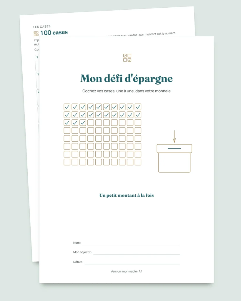 Défi d'épargne — carnet PDF à cocher et classeur calculé, dans votre devise (compatible Excel, Google Sheets et LibreOffice)