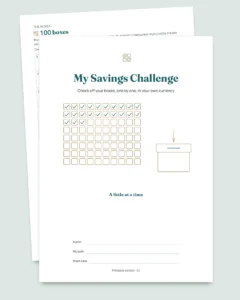 Savings Challenge — printable PDF notebook and spreadsheet that does the math, in your own currency (works with Excel, Google Sheets and LibreOffice)