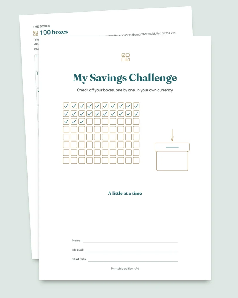 Savings Challenge — printable PDF notebook and spreadsheet that does the math, in your own currency (works with Excel, Google Sheets and LibreOffice)