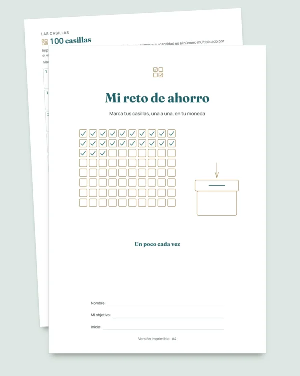 Reto de ahorro — cuaderno PDF para marcar y hoja de cálculo que hace las cuentas, en tu moneda (compatible con Excel, Google Sheets y LibreOffice)