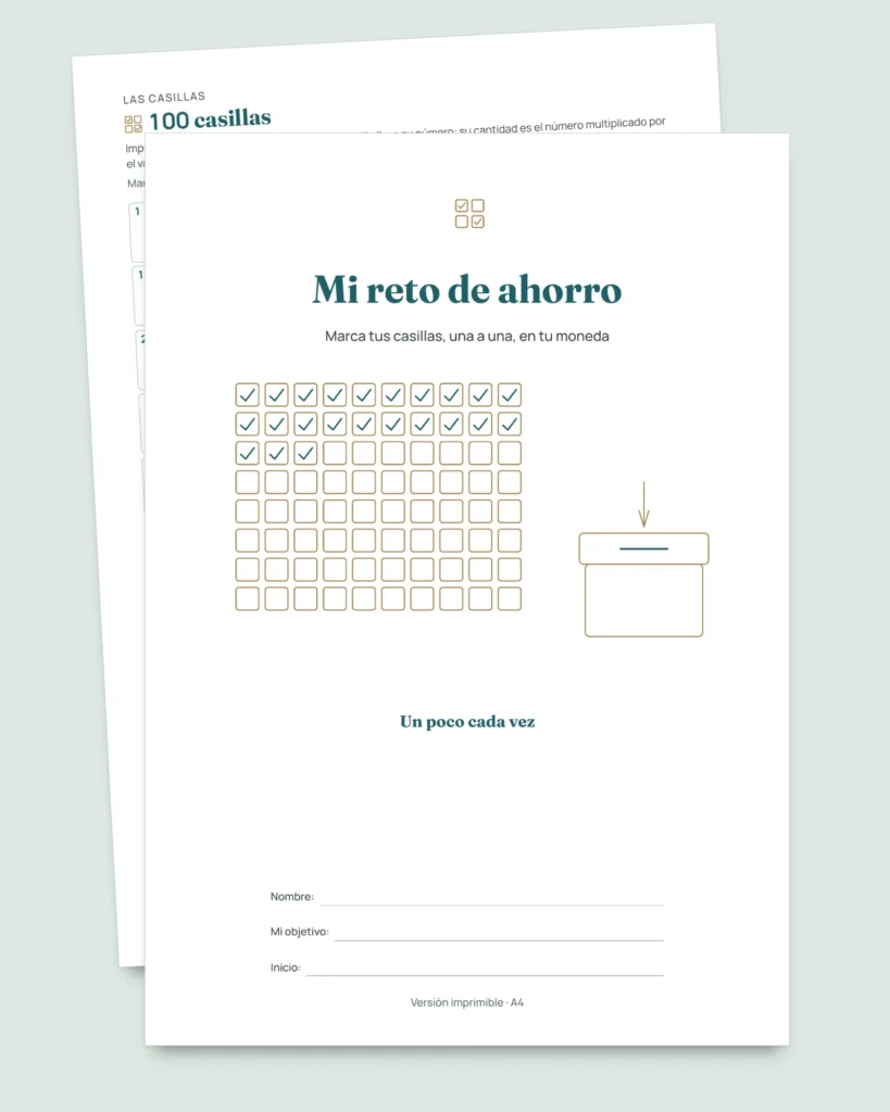 Reto de ahorro — cuaderno PDF para marcar y hoja de cálculo que hace las cuentas, en tu moneda (compatible con Excel, Google Sheets y LibreOffice)