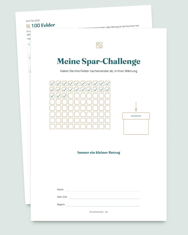 Spar-Challenge — PDF-Heft zum Abhaken und Rechentabelle in Ihrer Währung (kompatibel mit Excel, Google Sheets und LibreOffice)