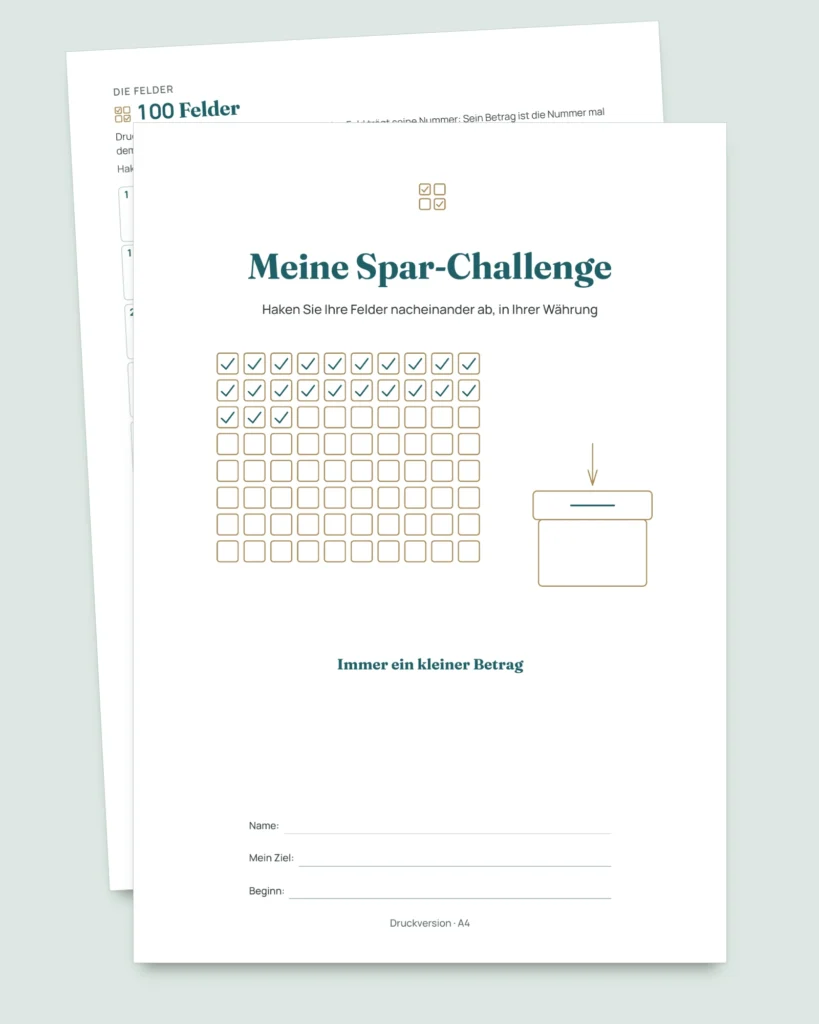Spar-Challenge — PDF-Heft zum Abhaken und Rechentabelle in Ihrer Währung (kompatibel mit Excel, Google Sheets und LibreOffice)