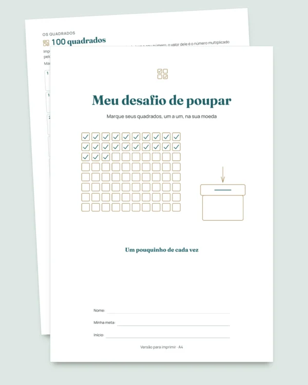 Desafio de poupar — caderno em PDF para marcar e planilha que faz as contas, na sua moeda (compatível com Excel, Google Sheets e LibreOffice)
