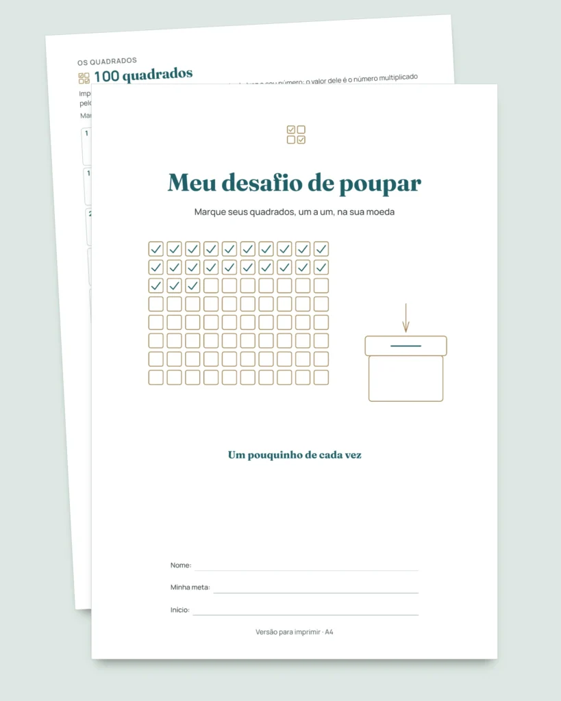 Desafio de poupar — caderno em PDF para marcar e planilha que faz as contas, na sua moeda (compatível com Excel, Google Sheets e LibreOffice)