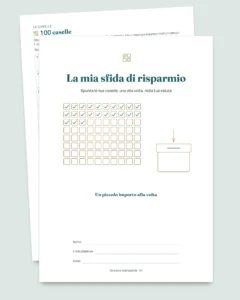 Sfida di risparmio — quaderno PDF da spuntare e foglio di calcolo che fa i conti, nella tua valuta (compatibile con Excel, Google Sheets e LibreOffice)