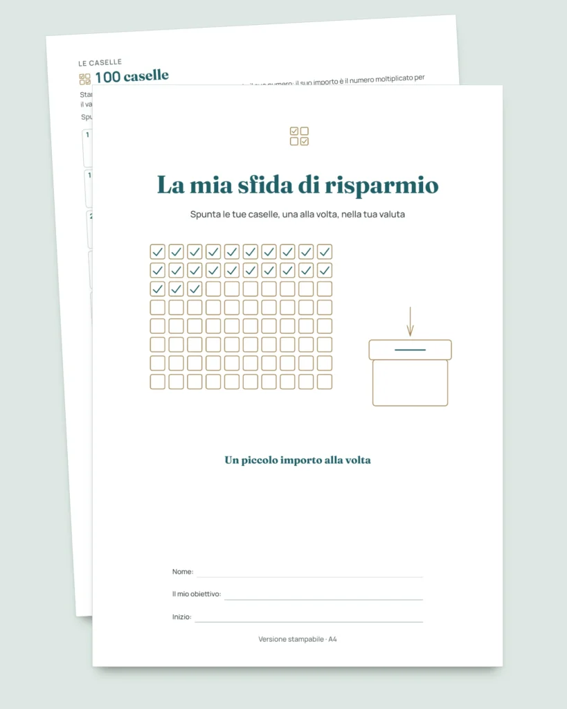 Sfida di risparmio — quaderno PDF da spuntare e foglio di calcolo che fa i conti, nella tua valuta (compatibile con Excel, Google Sheets e LibreOffice)