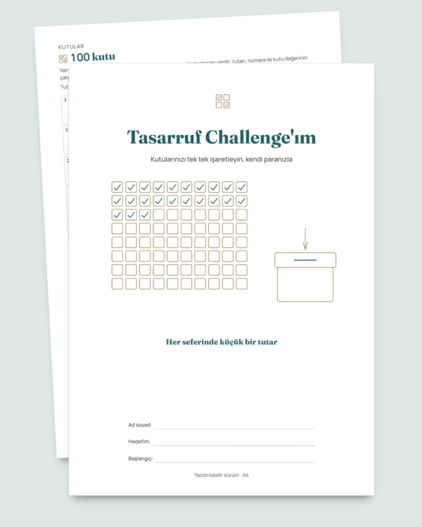 Tasarruf Challenge'ı — işaretlemeli PDF defter ve hesabı yapan tablo, kendi para biriminizde (Excel, Google Sheets ve LibreOffice ile uyumlu)