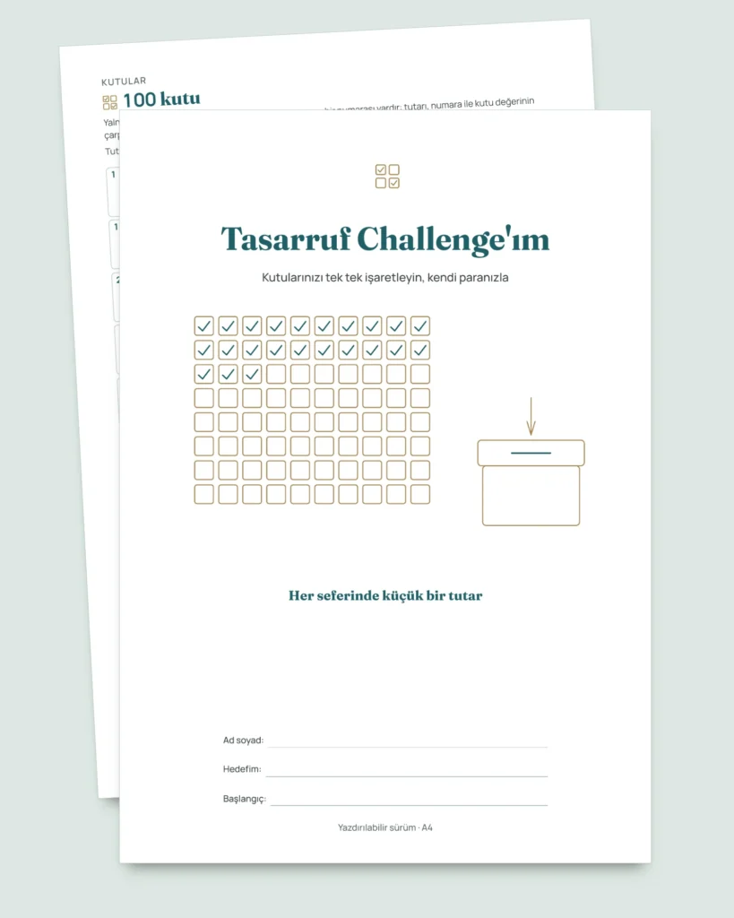 Tasarruf Challenge'ı — işaretlemeli PDF defter ve hesabı yapan tablo, kendi para biriminizde (Excel, Google Sheets ve LibreOffice ile uyumlu)