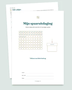 Spaaruitdaging — pdf-schrift om af te vinken en rekenmap in je eigen valuta (compatibel met Excel, Google Sheets en LibreOffice)