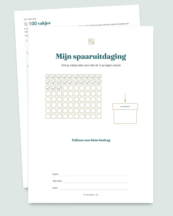 Spaaruitdaging — pdf-schrift om af te vinken en rekenmap in je eigen valuta (compatibel met Excel, Google Sheets en LibreOffice)