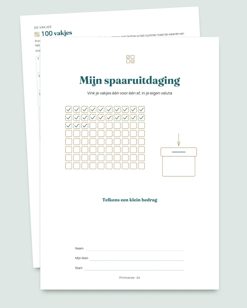 Spaaruitdaging — pdf-schrift om af te vinken en rekenmap in je eigen valuta (compatibel met Excel, Google Sheets en LibreOffice)