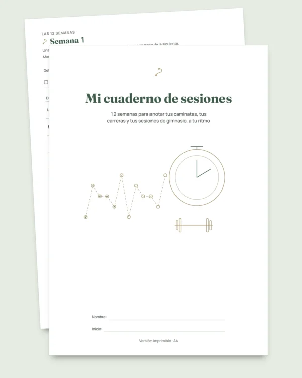 Mi cuaderno de sesiones — diario de entrenamiento de 12 semanas (caminata, carrera, gimnasio), PDF para imprimir