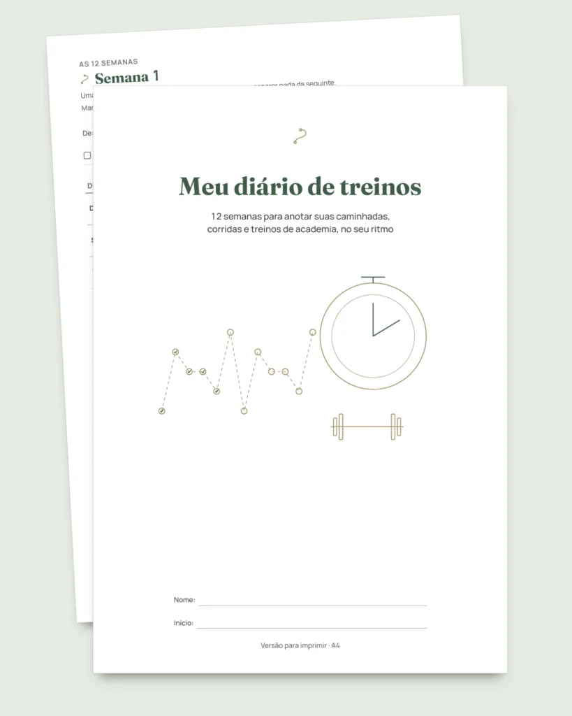 Meu diário de treinos — caderno de 12 semanas (caminhada, corrida, academia), PDF para imprimir